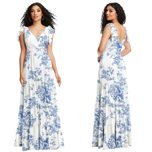 SOCIAL BRIDESMAIDS Bow Shoulder Faux Wrap Tiered Skirt Floral Dress - Picture 1 of 10
